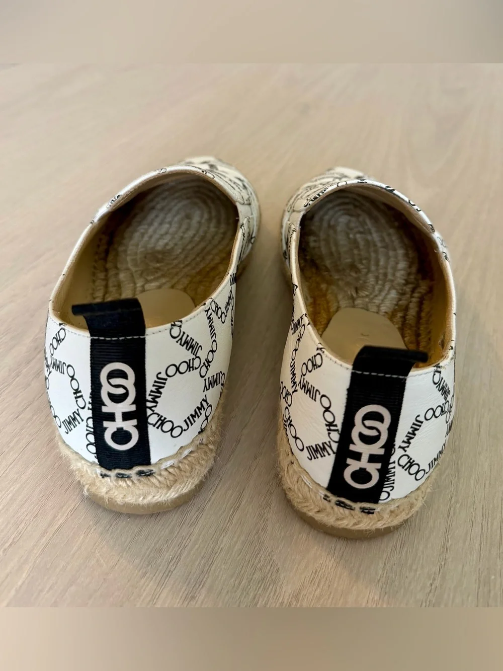 Jimmy Choo White and Black Stars Logo Espadrille Slip-Ons